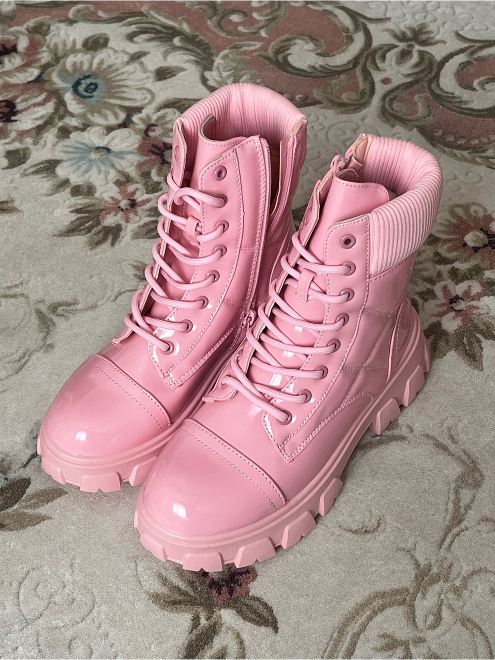 Fashion Nova Pink Glossy Lace-Up Chunky Ankle Boots